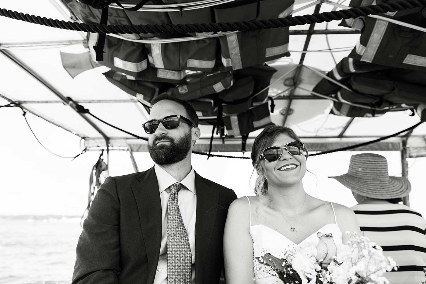 bride and groom on boat