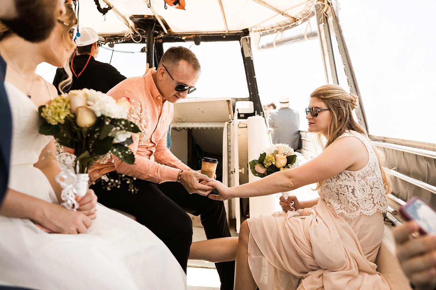 wedding party on motor boat