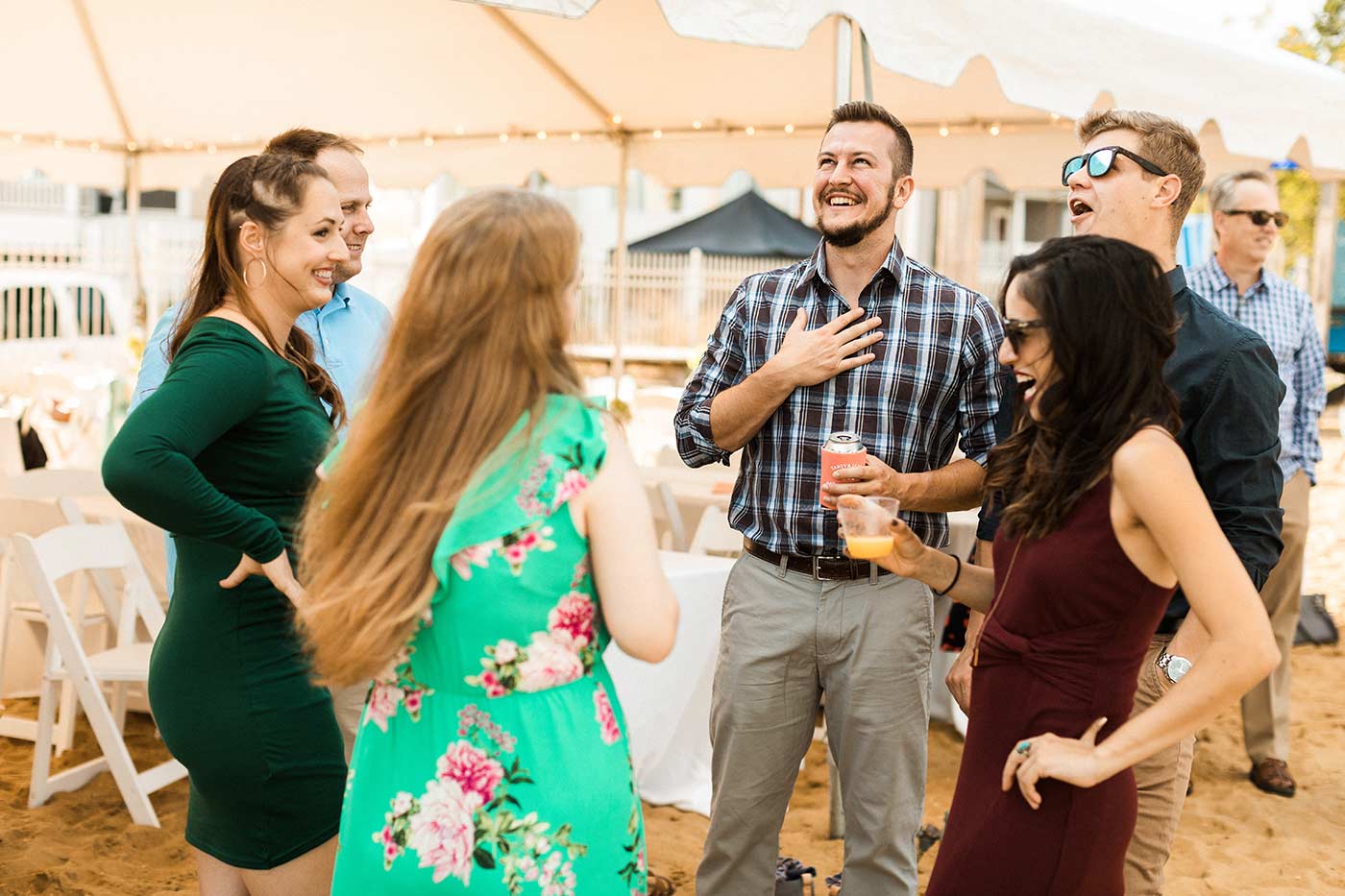 wedding guests laughing