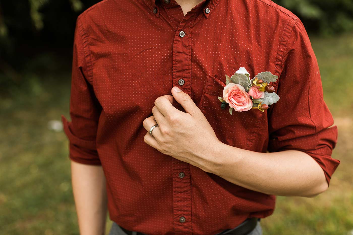 groom in red shirt