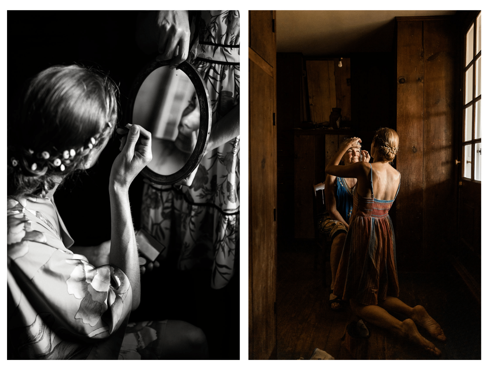 bride applying makeup in mirror, bride helping mother apply makeup 