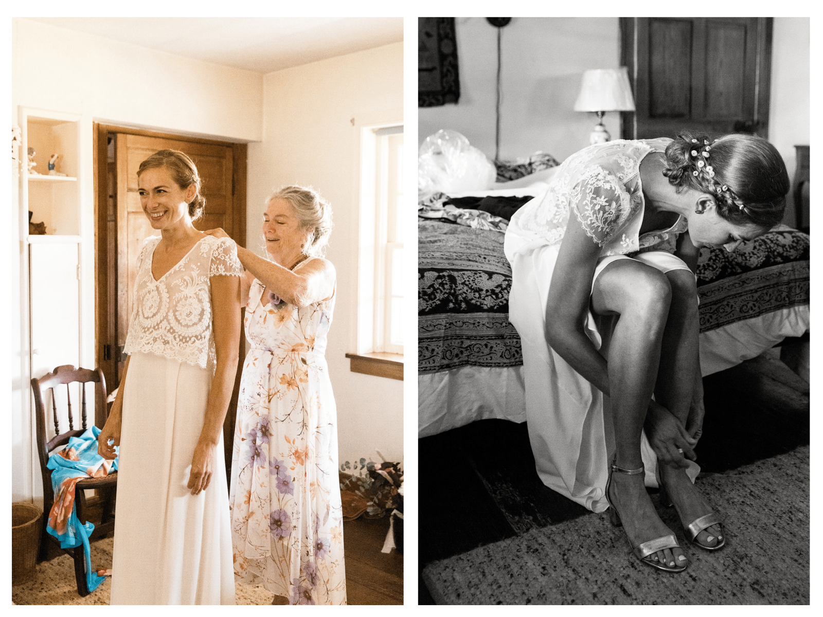 mother helping bride put on wedding dress, bride buckling shoes