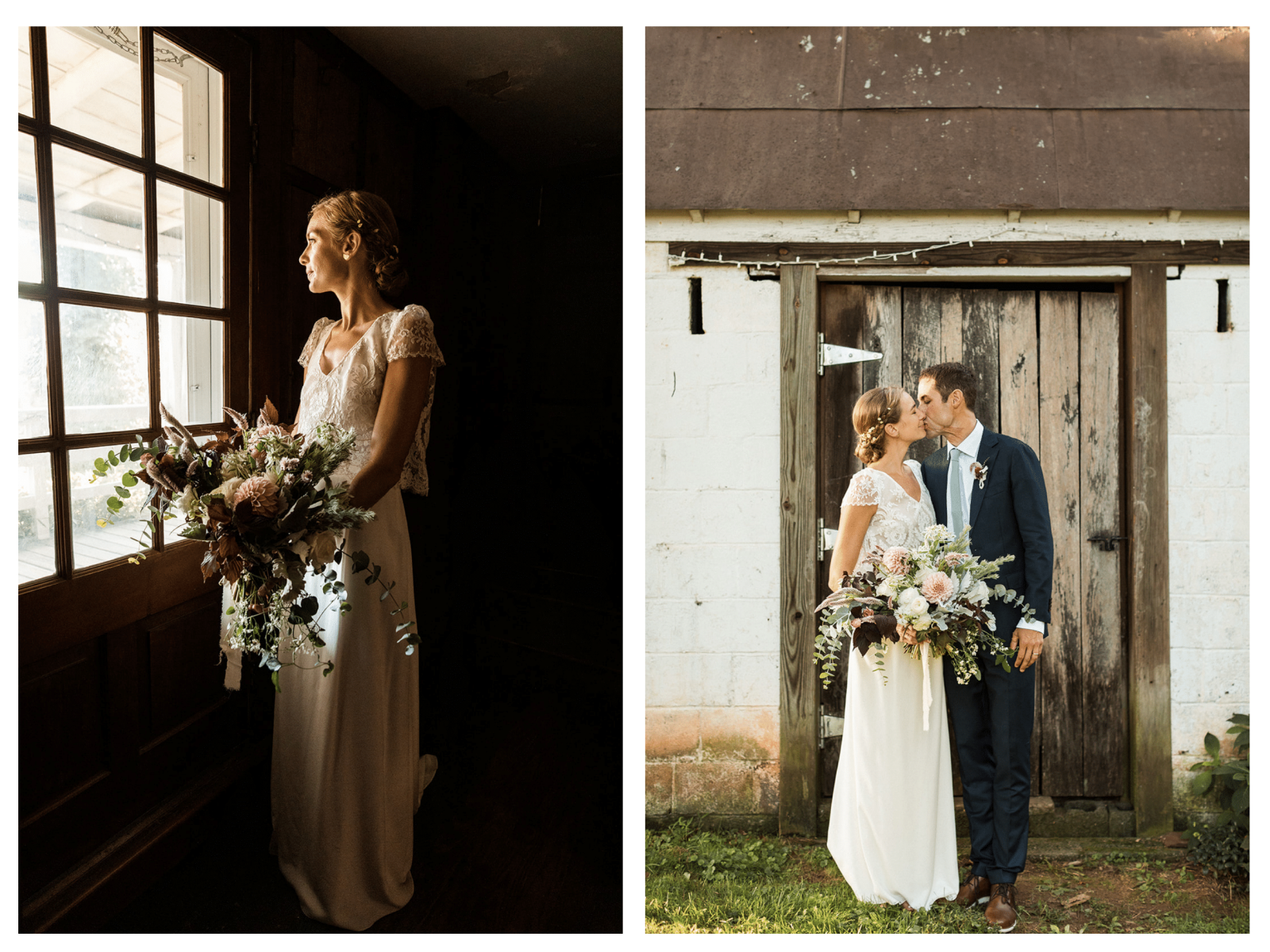 bride holding bouquet looking out window, bride and groom kissing in front of farm building