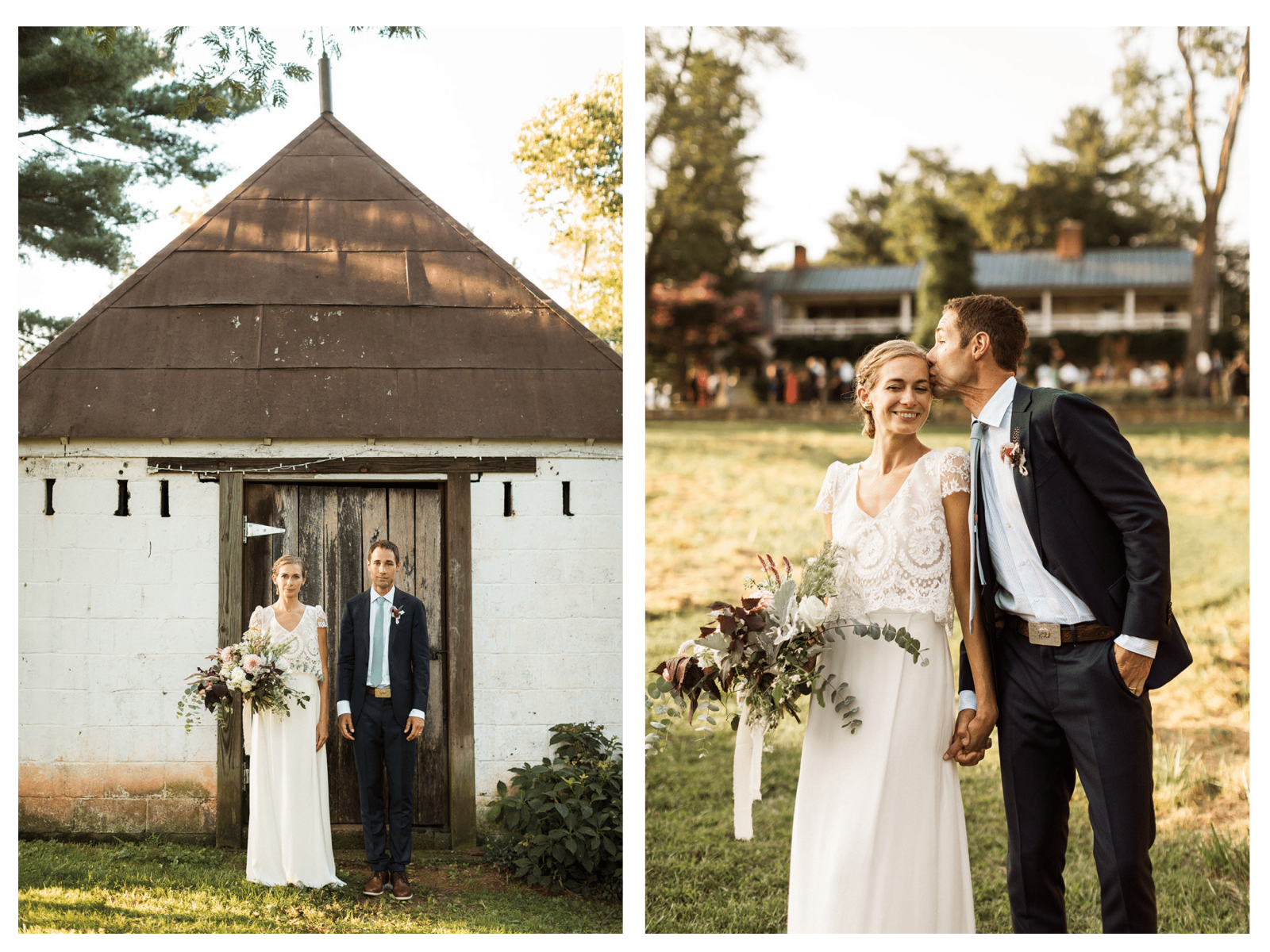 bride and groom farm wedding, bride and groom kissing in front of large farmhouse