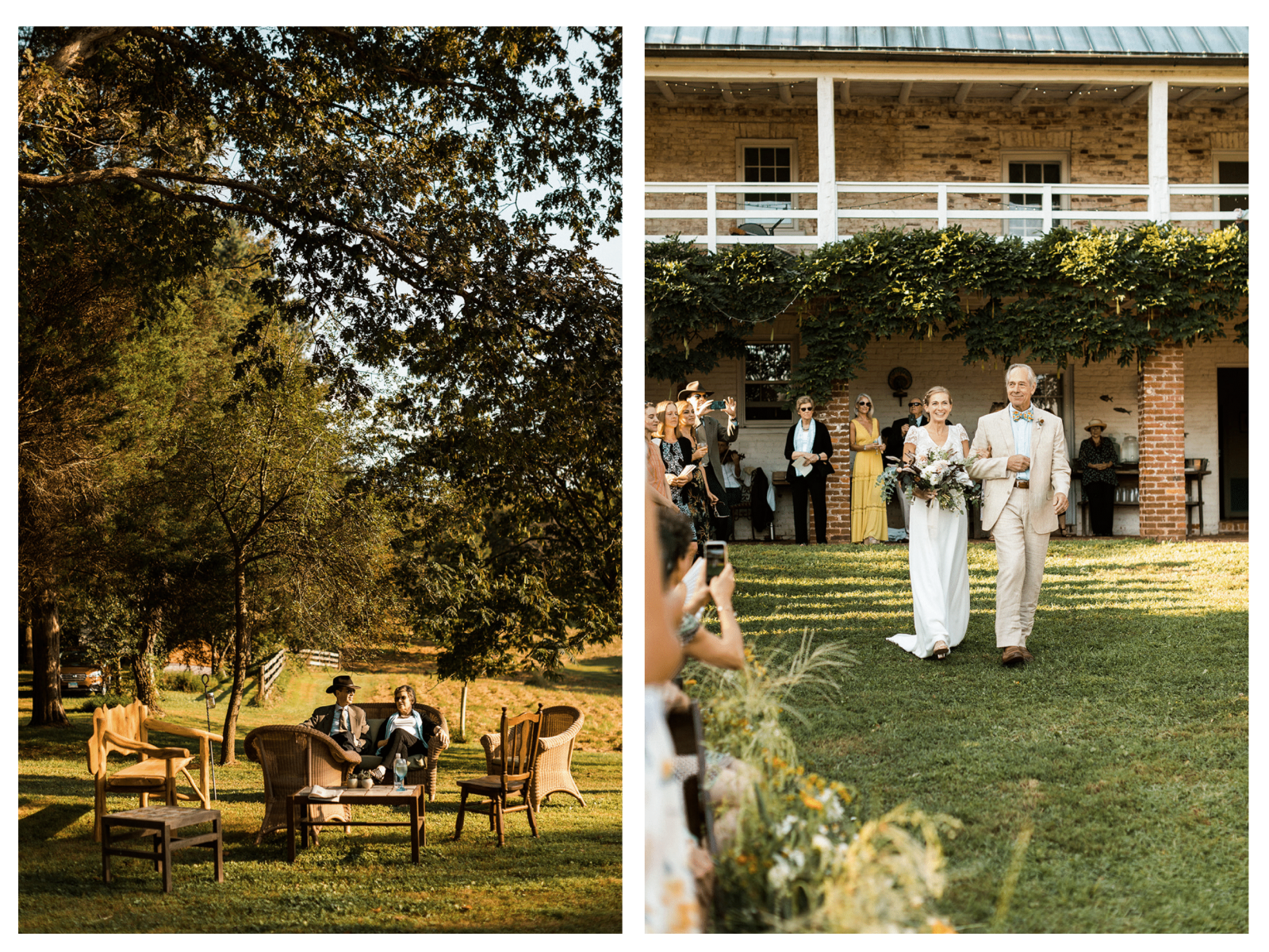farm wedding lounge space, bride and father of the bride walking down aisle