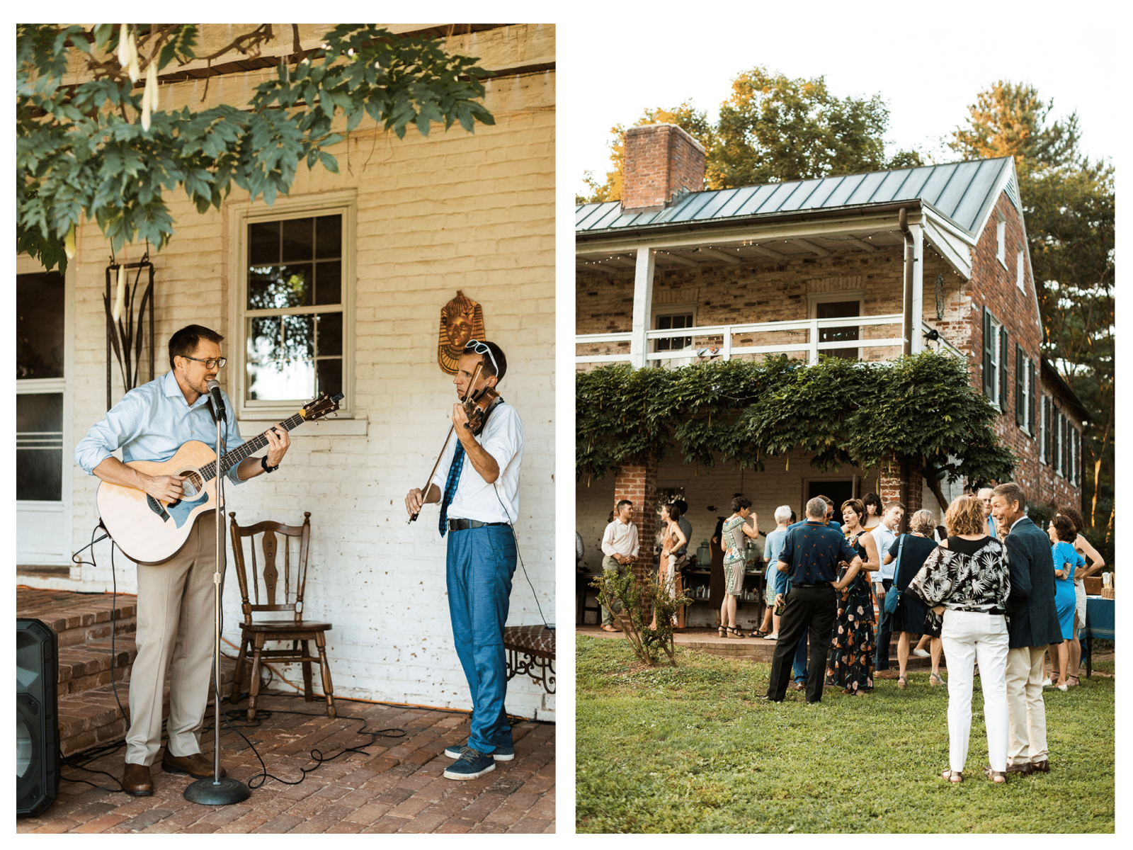 wedding musicians playing guitar and fiddle, wedding guests in front of farmhouse