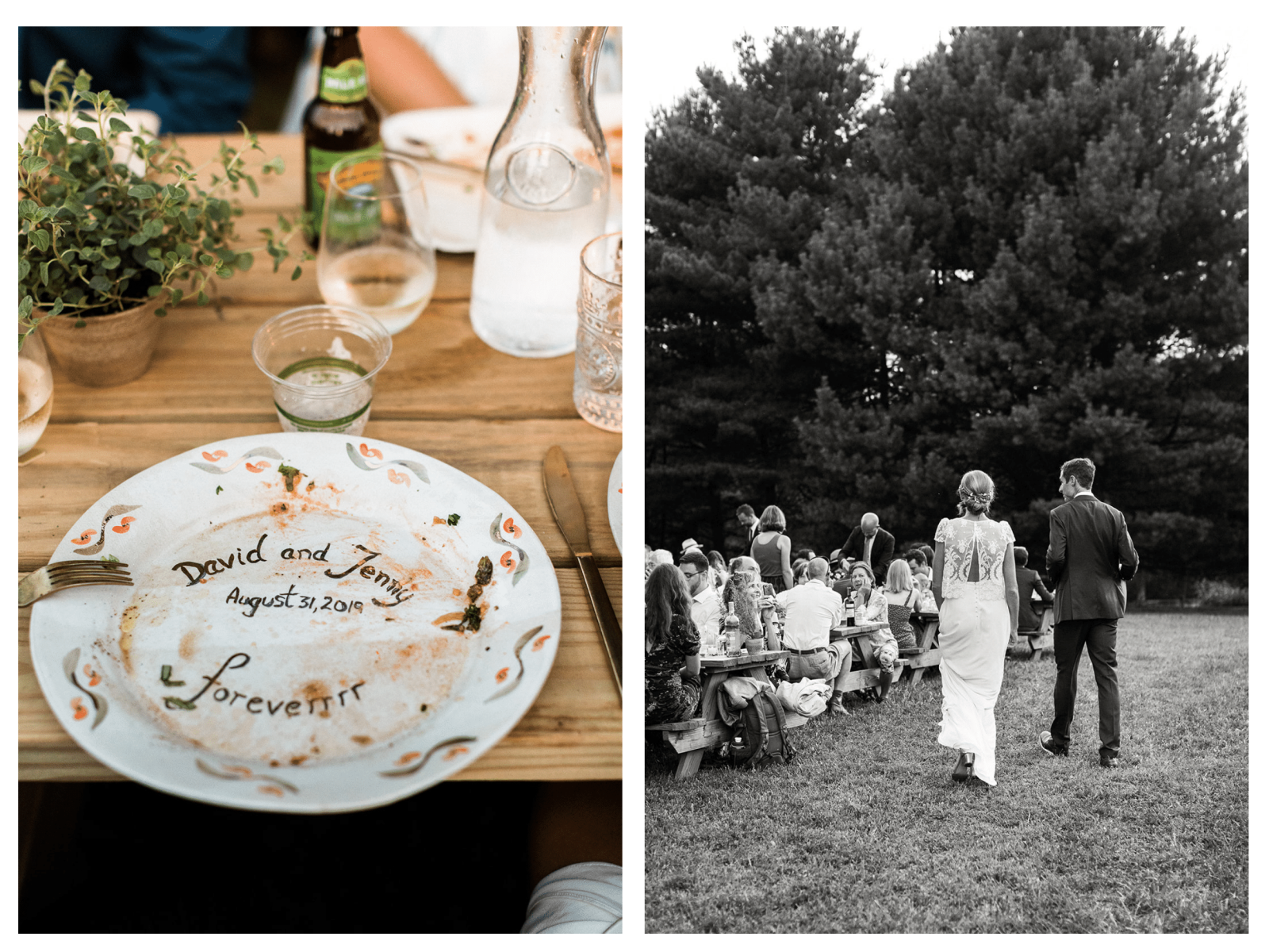 plate labeled "david and jenny foreverrr August 31, 2019", bride and groom walking past guests at dinner