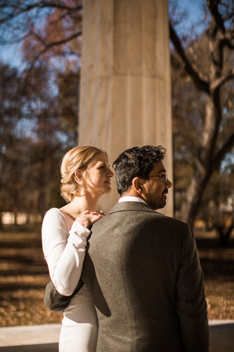 bride and groom at dc war memorial