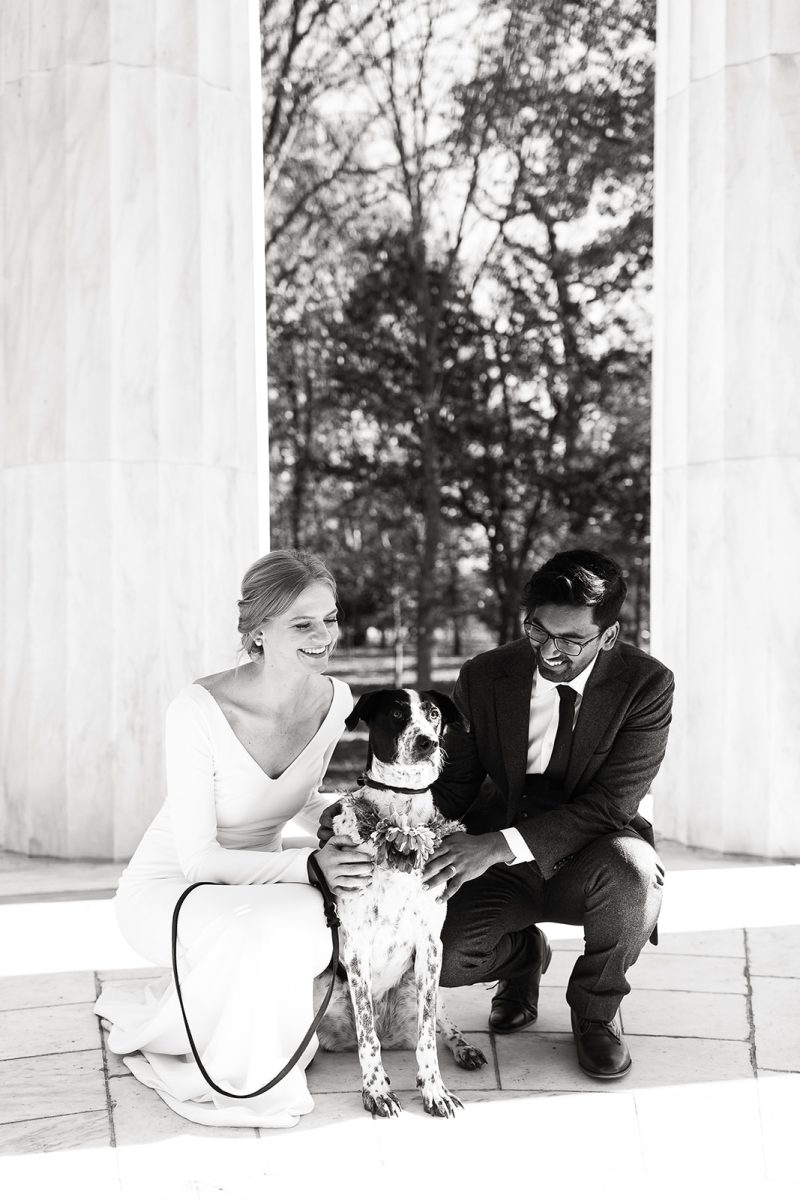 bride and groom with dog