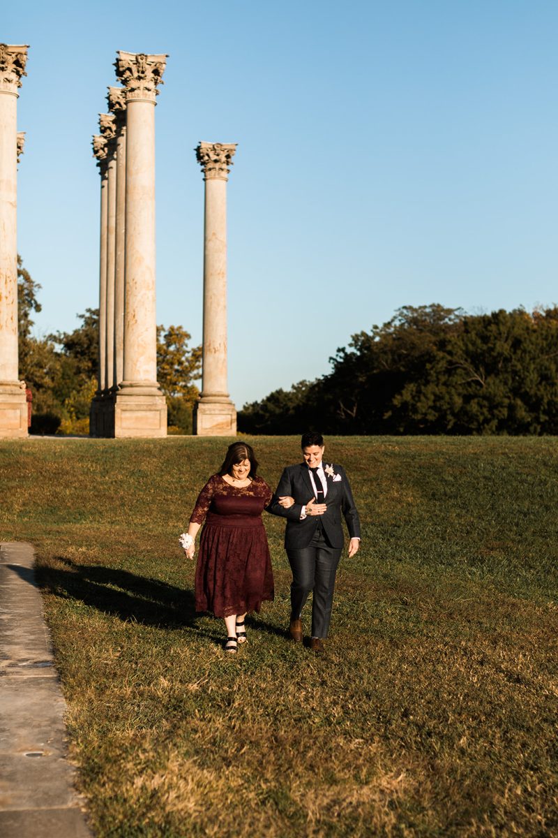 LGBTQ+ bride arriving to wedding ceremony at National Arboretum with mom.