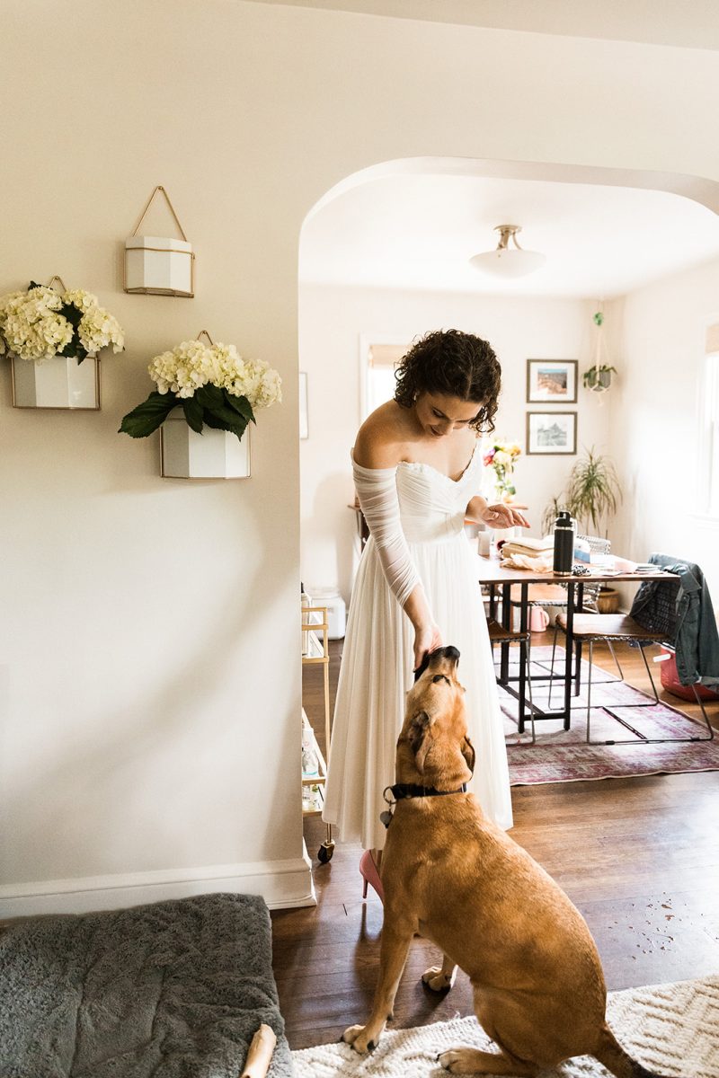 bride in off-the-shoulder tea length gown petting her dog