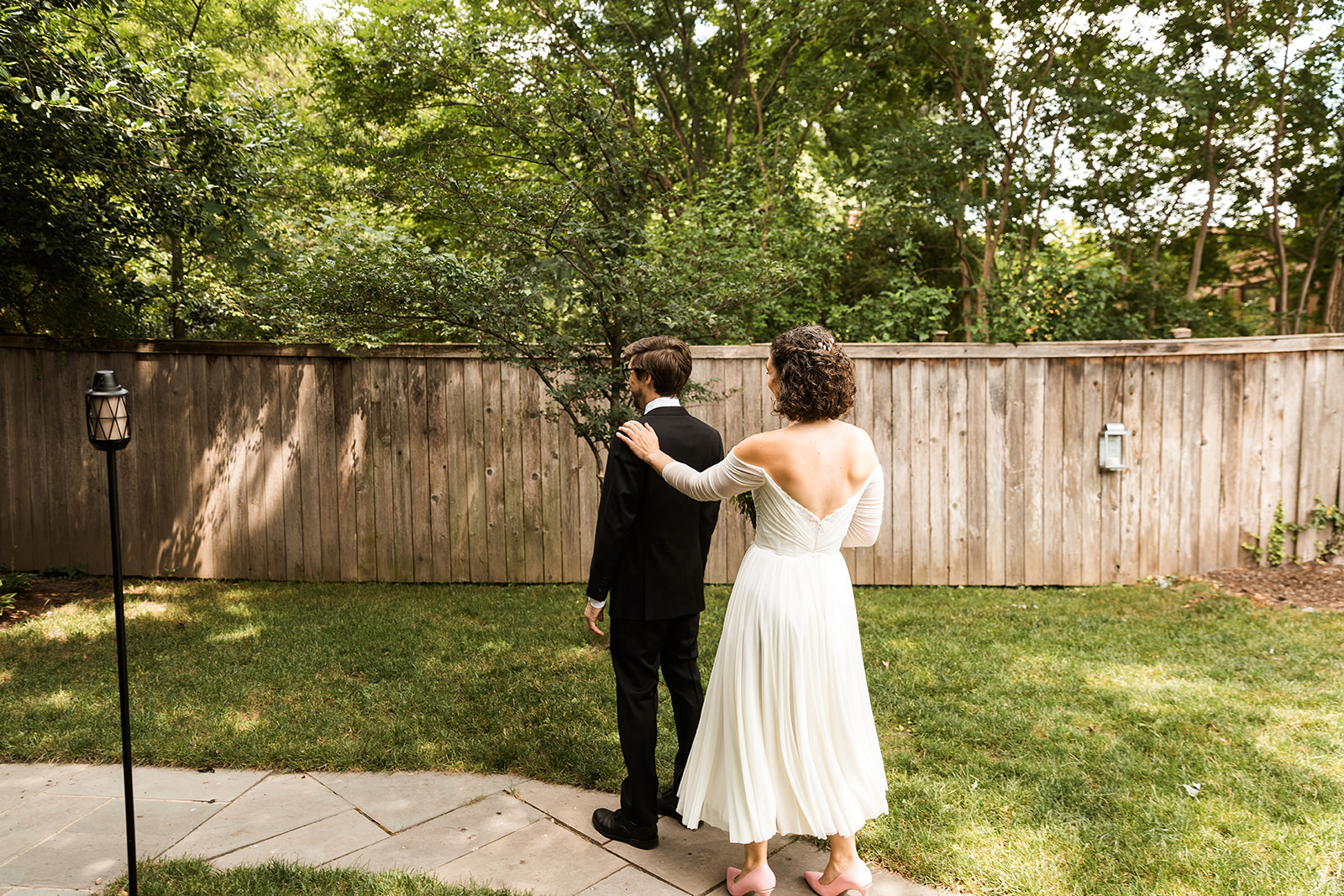 bride and groom first look in their backyard in Alexandria, Virginia