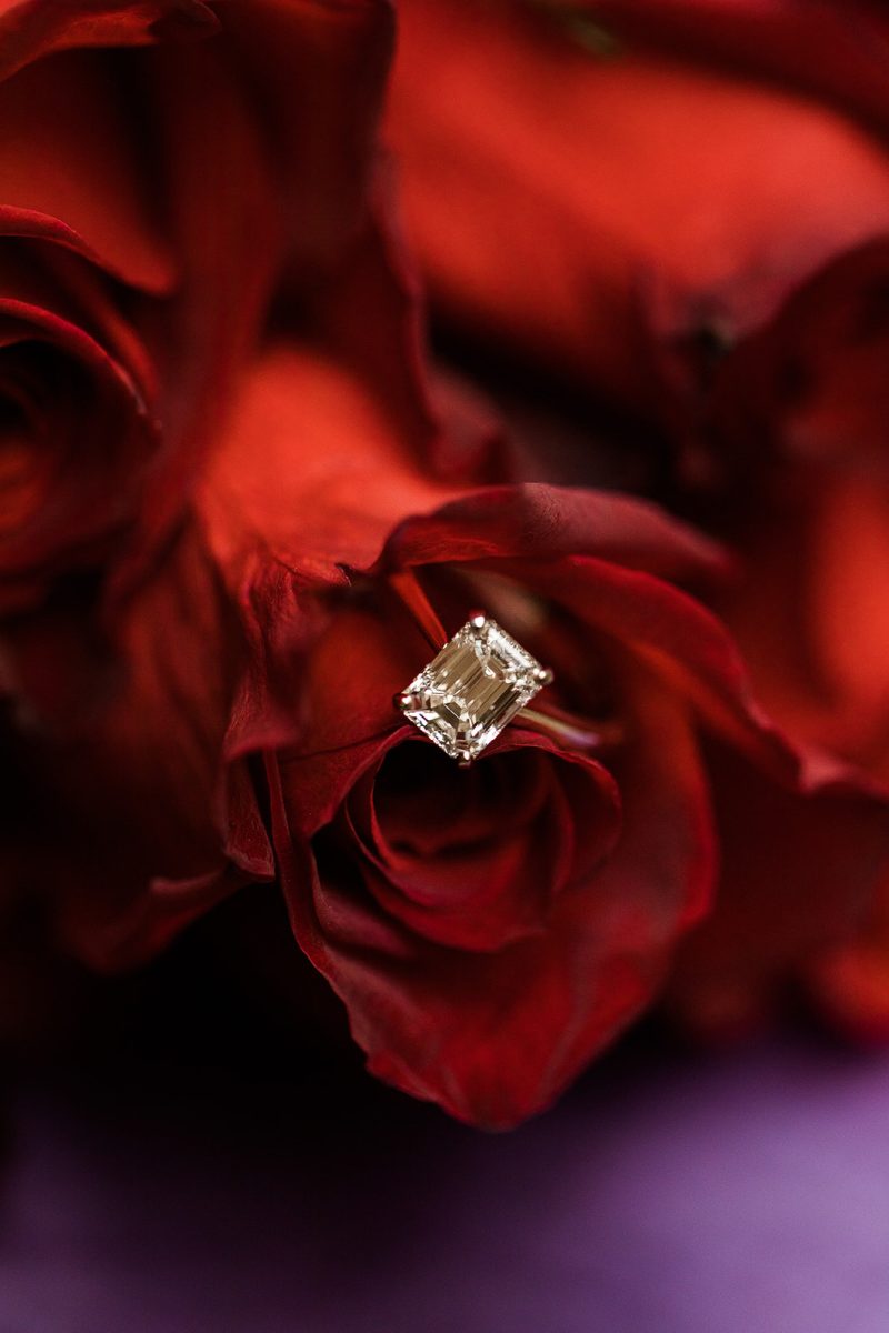 square solitaire diamond ring resting inside of rose petals 