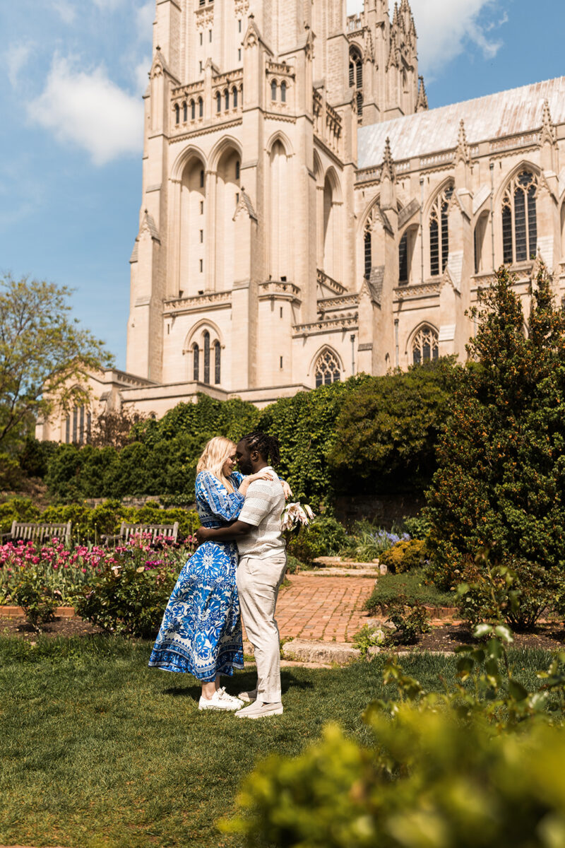 romantic couple at bishops garden, the national cathedral in dc