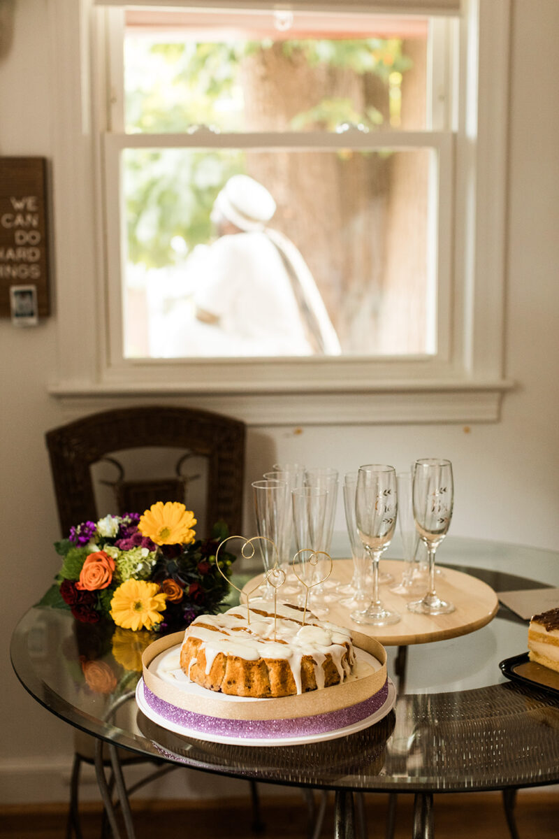 wedding cake and champagne glasses
