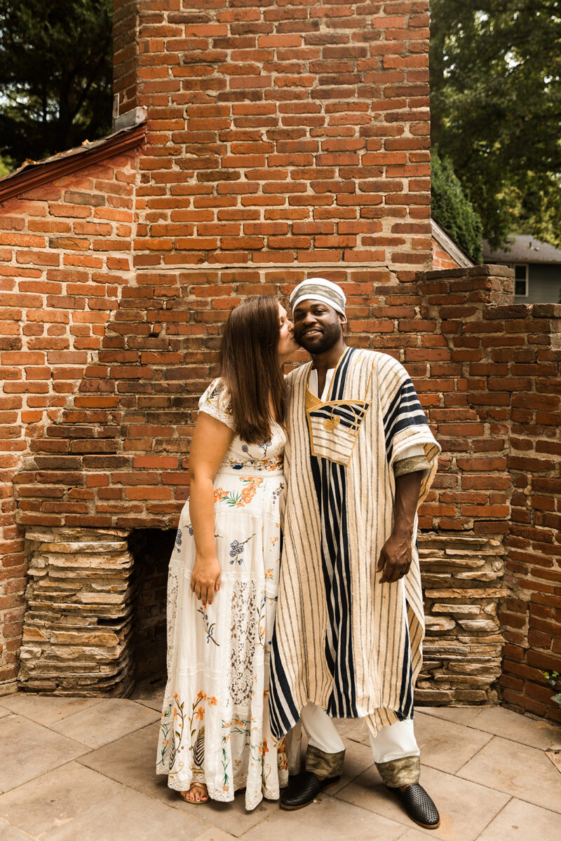 bride and groom wedding portraits in their backyard during their wedding at home in virginia